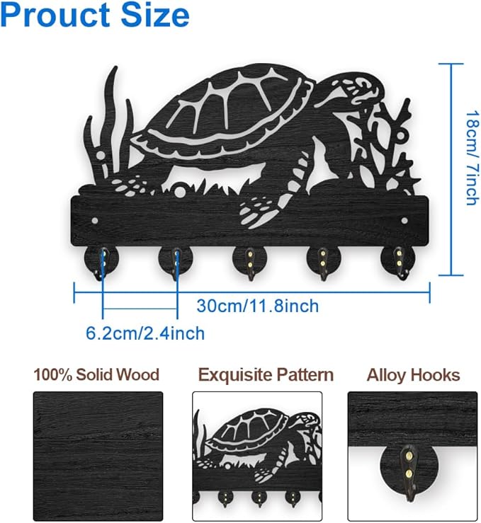 MAYJOYDIY Sea Turtle Coral Coat Hooks 11.8×7inch Wood Ocean Creatures Key Holder for Wall Sea Animal Wall Art Decor Key Hooks 5 Alloy Hooks for Gift Entryway Living Room Kitchen Office