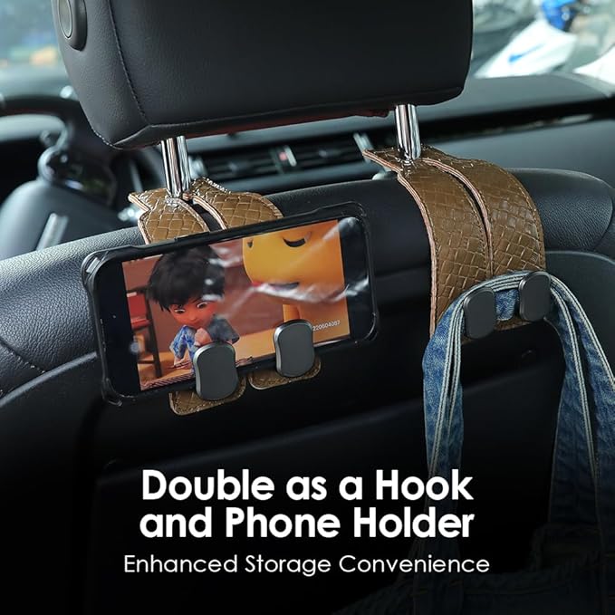 KINIVA 4 Pack Car Seat Hooks for Headrest, PU Leather Purse Hook Holder - Double Hook Design for Bags, Phones, Groceries, Car Back Seat Storage Accessories (07-Khaki 4 Pcs)