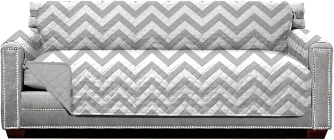 Sofa Shield Couch Slip Covers for Dogs, Reversible Furniture Protector with Strap, Stain and Tear Resistant Cushion Cover, 78 inch Seat, Machine Washable Slipcover Pets, Cats, Chevron Gray