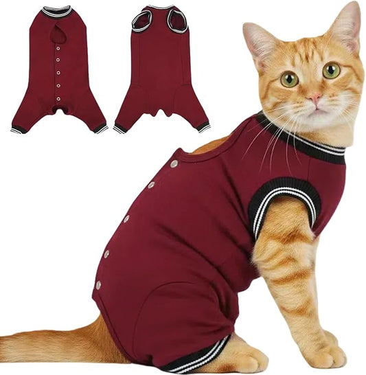 T'CHAQUE Cat Surgery Recovery Suit for Female Male, Cat Onesie Pet Surgical Pajamas Long Sleeve, Abdominal Wound Healing, E-Collar Alternative, Spay/Neuter Recovery Garment-Burgundy-S