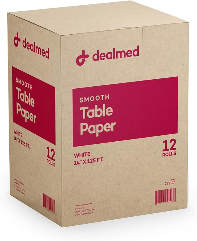 Dealmed Medical Exam Table Paper Roll | Disposable Covers for Doctors, Physicians, Diaper Changing, Waxing, Chiropractor, Tracing, Drawing, Coloring | Smooth, White, 14" x 125', 12 Rolls/Case