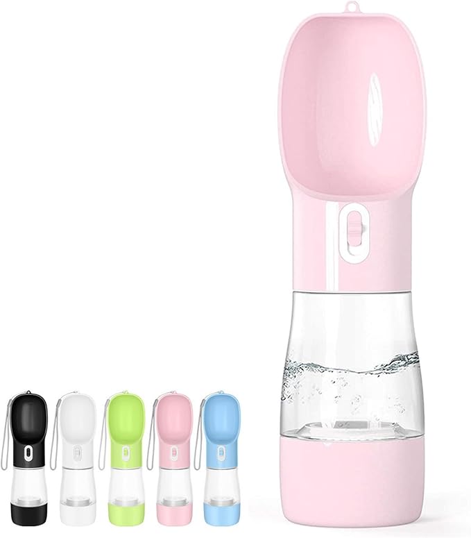 Misthis Portable Dog Water Bottle - Leak Proof Dog Water Dispenser with Bowl & Food Container, Dishwasher Safe Food Grade Plastic for Pet Puppy Outdoor Walking Hiking Travel Pink