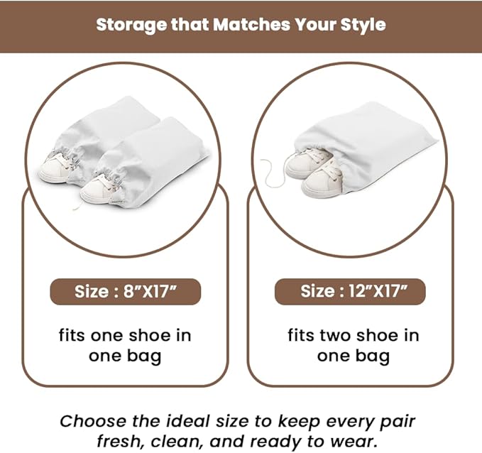 LFH Cotton Rich Shoe Storage Bags with Drawstring, Dustproof Breathable Reusable Organizer, Perfect For Travel, Dorm, Hotel, College, Gym, Easy to Carry, Machine Washable 12"x17" (Pack of 4) - White