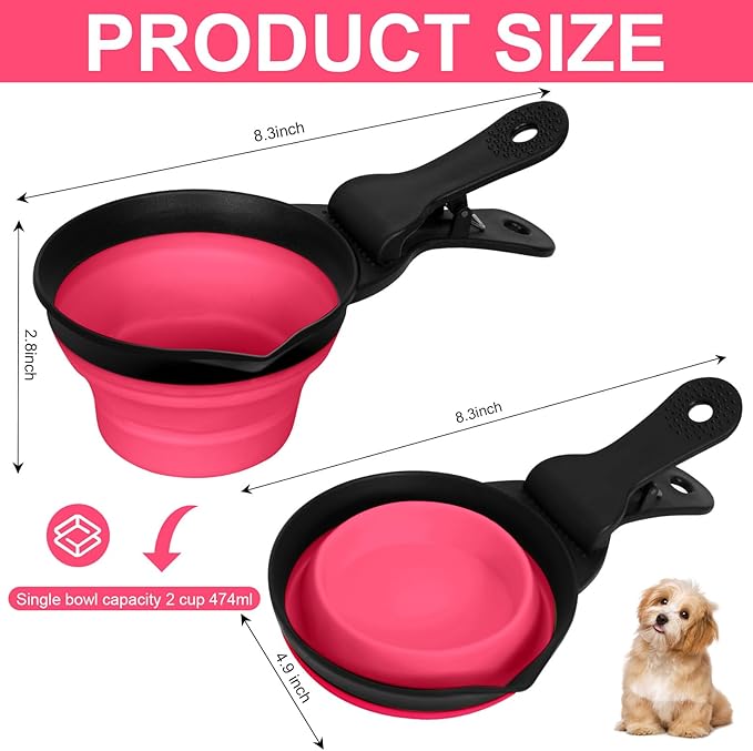 PNEUICALLY Collapsible Dog Food Scoop Foldable Pet Food Bag Clip 3 in 1 Multi-function Silicone Cat Food Measuring Cup Scoop Dog Food Scooper Pet Food Storage Clip (Rose Red, 2 Cup Capacity(1 Pack))