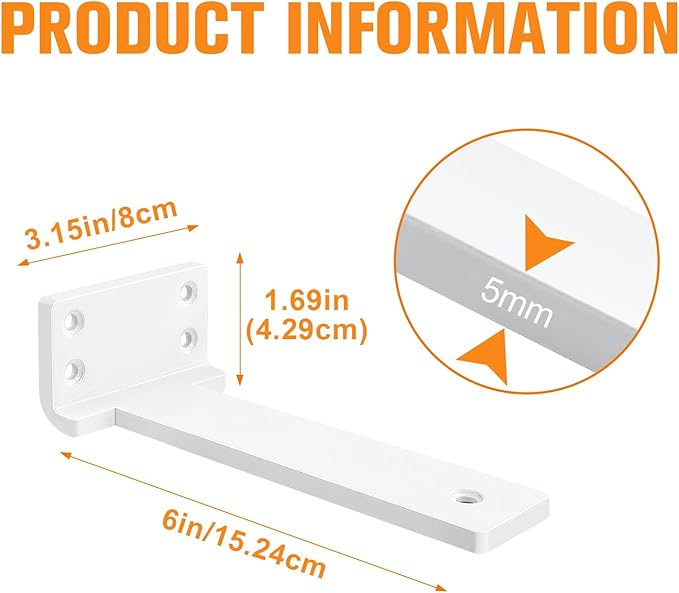 Floating Shelf Brackets 6 inch 6 Pack L Brackets for Shelves White Metal Heavy Duty Shelf Bracket for DIY Decorative with Mounting Hardware