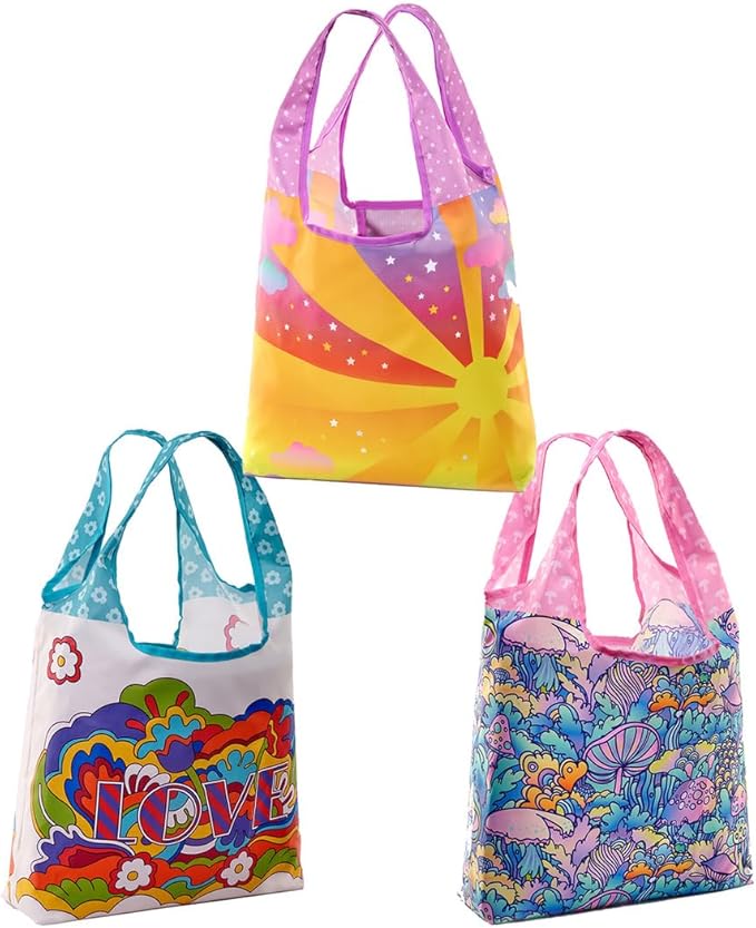 O-WITZ Reusable Grocery Bags | Vibrant Tote Bag For Groceries, Gym, Beach Gear, Toys & More | Washable With Large Handles For Maximum Convenience | Folds Into A Small Pouch, 3-pack,Psychedelics