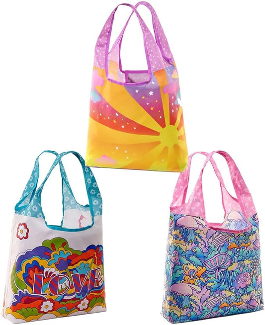 O-WITZ Reusable Grocery Bags | Vibrant Tote Bag For Groceries, Gym, Beach Gear, Toys & More | Washable With Large Handles For Maximum Convenience | Folds Into A Small Pouch, 3-pack,Psychedelics