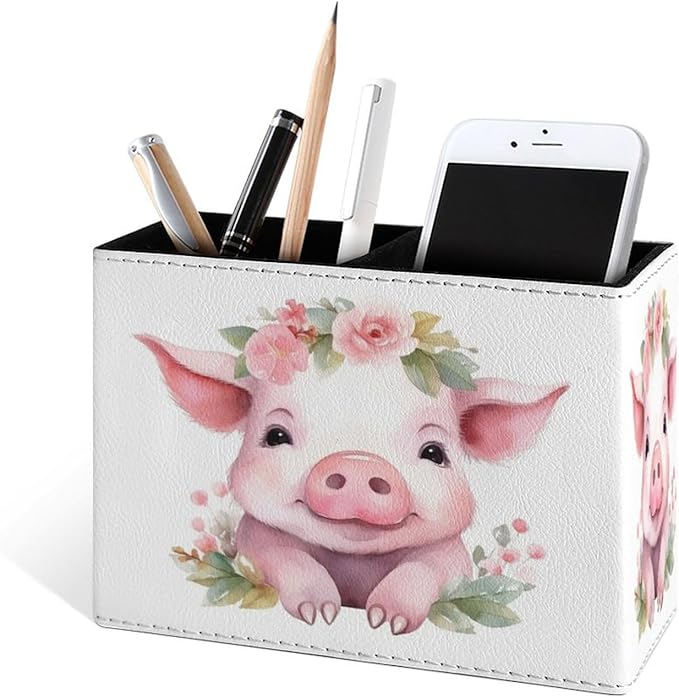 Famame Floral Crown Pink Pig Pencil Holder for Desk, Leather Desktop Container Pen Cup Storage Study Table Pen Organizer Makeup Brush Holder for Classroom Office Home