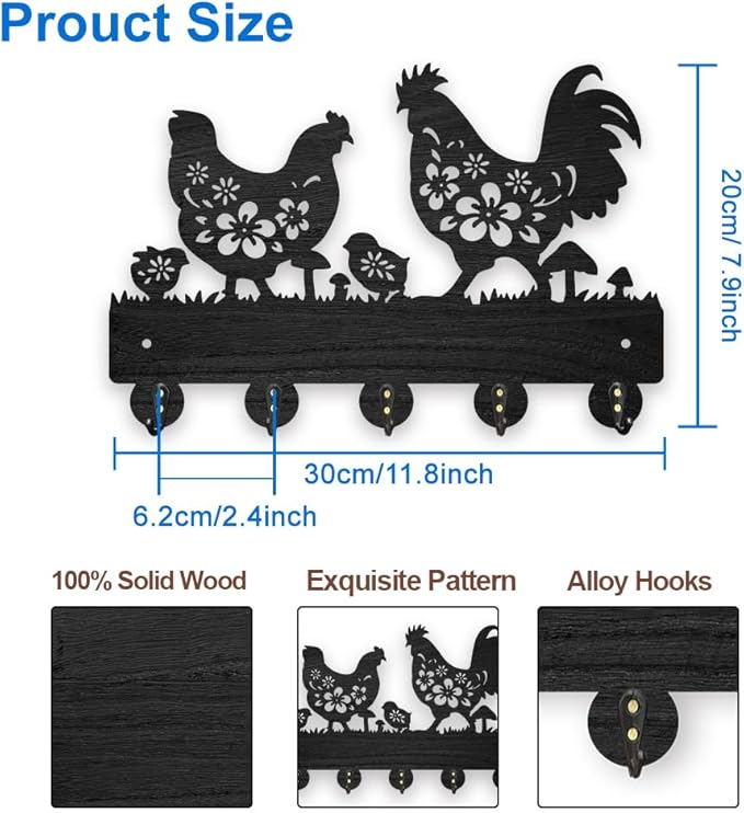 MAYJOYDIY Chicken Coat Hooks Wall Mount Floral Roosters Hens Chicks Wood Key Holder for Wall 11.8×7.9inch Black Animal Wall Art Decor Key Hooks 5 Alloy Hooks for Gift Farmhouse Entryway Living Room