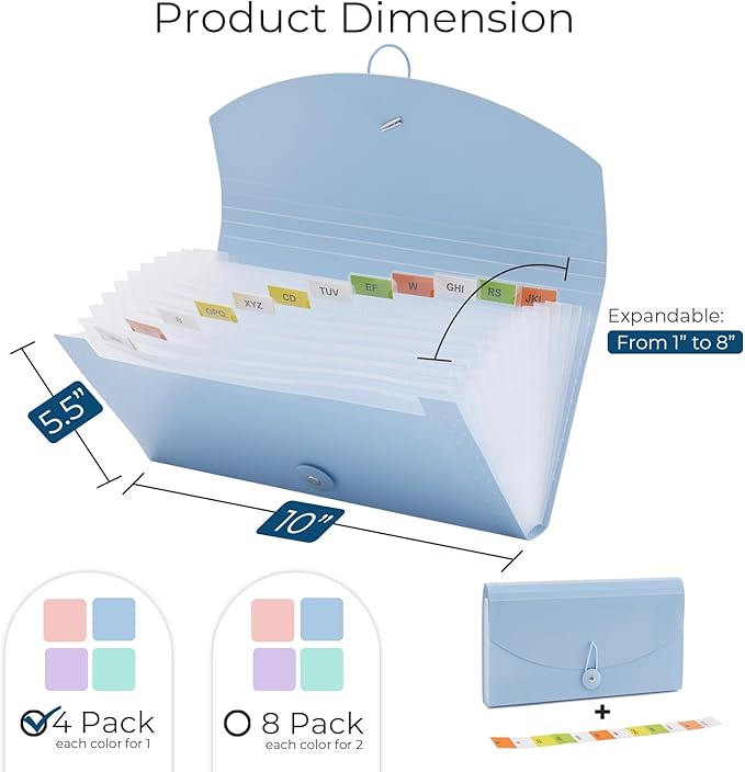 Y YOMA 4 Pack Coupon Organizer with 13 Pocket | Plastic Travel-Friendly Accordion Receipt Holder 10” x5.5” Expanding Folder for Small Bill Business Cards Tax Item Ticket, Pastel Design