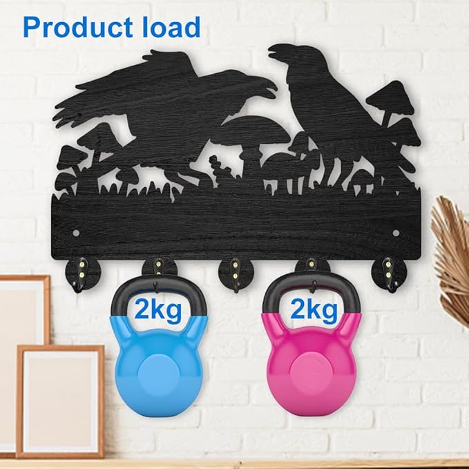 MAYJOYDIY Crow Coat Hooks Wall Mount Black Crow Mushroom Wood Key Holder for Wall 11.8×7.9inch Black Wall Art Decor Key Hooks 5 Alloy Hooks for Gift Entryway Living Room Kitchen Office