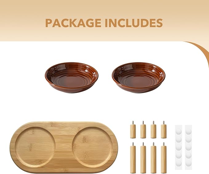 Elevated Ceramic Cat Dish, Wide Whisker Friendly Anti-Slip Food & Water Bowl with 2 Heights Adjustable Stand - Pet Bowl Set for Cats (2 Dishes +Stand, Caramel Brown)