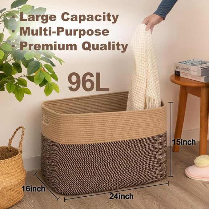SIXDOVE Extra Large Blanket Basket, Toy Basket Bin for Kids, Cotton Rope Woven Storage Basket for Living Room, Nursery, Baby Room Decorative Organizer, 24''×16''×15'', Brown & Black