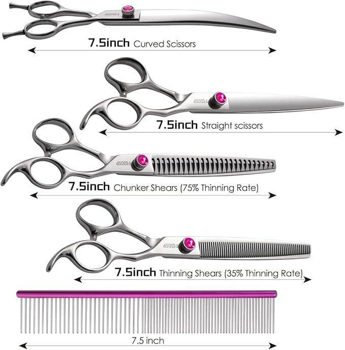 Dog Grooming Scissors Kit 7.5 in Professional Curved Thinning Straight Chunker Shears and Comb 5pcs Set for Grooming Big Dogs Poodle Pet Japan 440C Stainless Steel(7.5'',Kit)