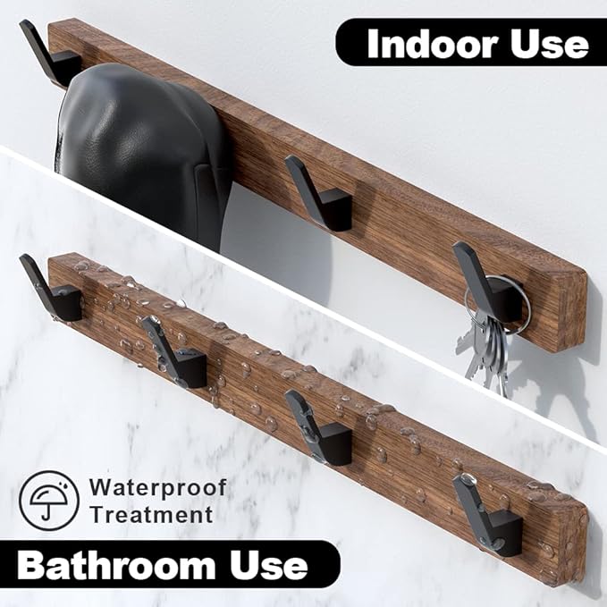 IURRDOP 17 Inch Walnut Wood Wall Mounted Coat Rack with 4 Black Hooks, Adhesive Mounted Entryway Hooks, Modern Natural Wooden Pegs for Hanging Coat Clothes Hat Bag Purse Key and Towel