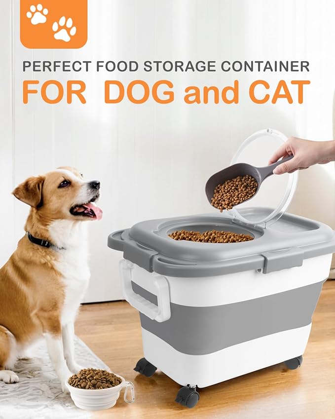 DDMOMMY 15-23 Lbs Dog Food Storage Container, Collapsible Dog Food Container with Airtight Lid, Wheels, Handle, Large Cat Food Storage Container with Scoop, Dog Bowl for Dog Cat
