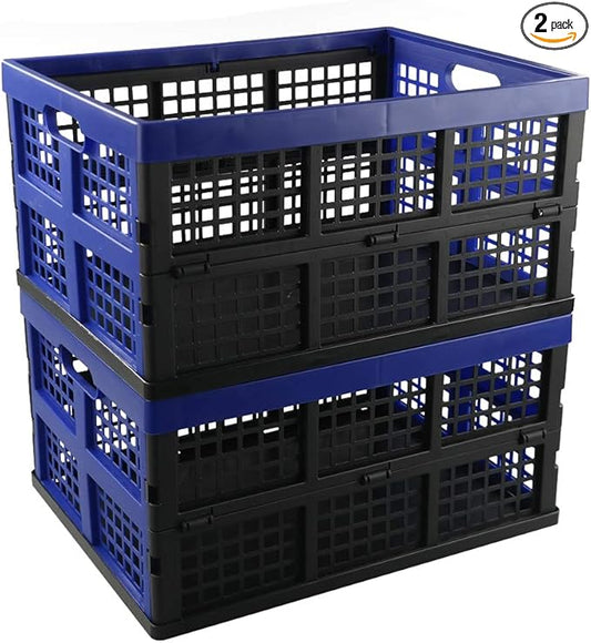 Hespapa 35 Quart Folding Crates, Blue Plastic Collapsible Storage Container Milk Crate Baskets, 2 Pack