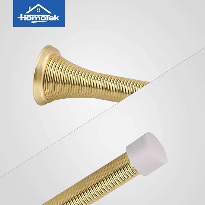 HOMOTEK 1 Pack Spring Door Stopper with Rubber Bumper 3-1/8" Flexible Spring Heavy Duty Wall Door Stop Low Mounted Door Bumper for Home (Bright Brass)