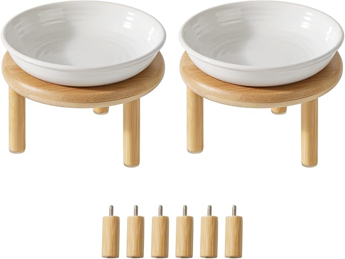 2 Sets of Elevated Ceramic Cat Dish, Wide Whisker Friendly Anti-Slip Food & Water Bowl with 2 Heights Adjustable Stands - Pet Bowl Set for Cats (2 Dishes +2 Stands, White)