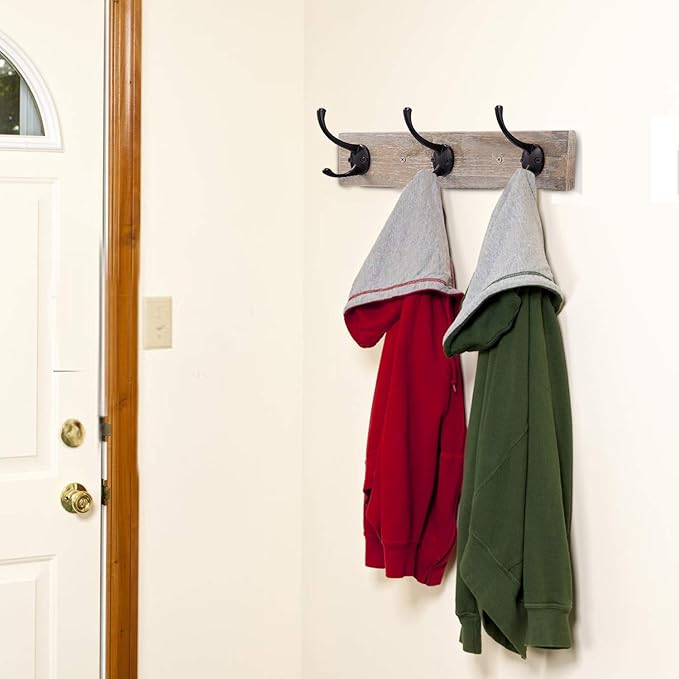 Sageme Wall Mounted Coat Rack,Wooden Entryway Vintage Rustic Coat Rack Hat Hanger Rack Zinc die-cast 3-Hook Rail for The Entryway, Bathroom, Bedroom, Kitchen, Mudroom (3 Hooks, Pinewood)
