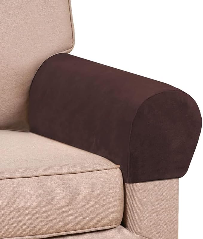 Soft Sofa Armrest Covers - Skin-Friendly Stretch Polyester, Comfortable Scratch Resistant for Square/Curved/Reclining Armrests, One Pair, Dark Brown