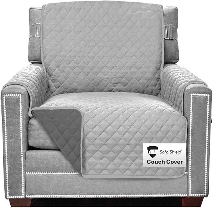 Sofa Shield Armchair Slip Cover with Patented Strap, Cushion Protector, US Designed Reversible Stain and Dog Tear Resistant Slipcover, 23 inch Seat, Washable Covers for Dogs Pets, Light Gray Charcoal