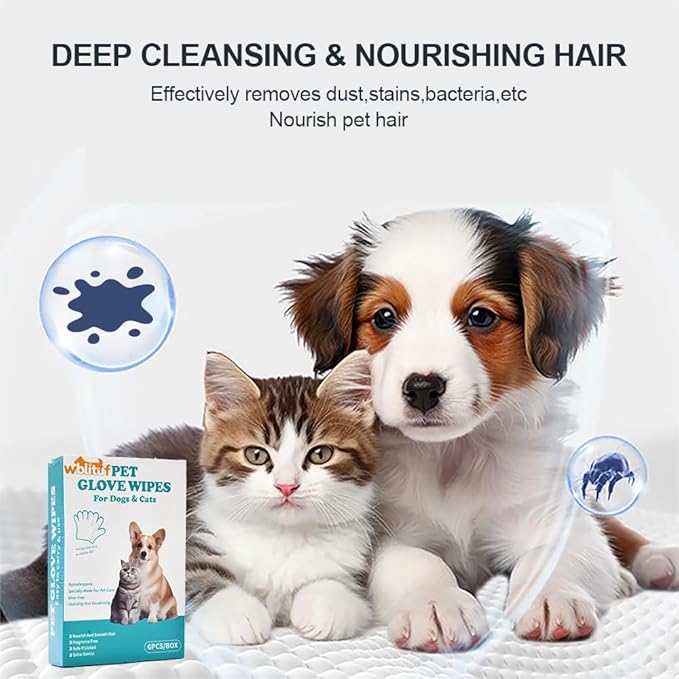 WBLITUF Pet Glove Wipes for Dogs and Cats - Dog Washing Gloves, Cat Bathing Wipes, [Individually Wrapped] 6 PCS, Cleaning & Deodorizing, Unscented,Hypoallergenic, Daily Care andTraveling.