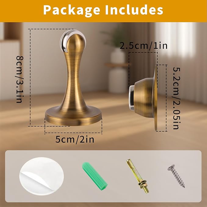 Bak Bo Magnetic Door Stopper, Strong Magnetic Door Holder Keep Door Open, Zinc Alloy Door Catch for Wall & Floor Mounting, No Drilling Door Stop with Adhesive (2 Pack Antique Brass)