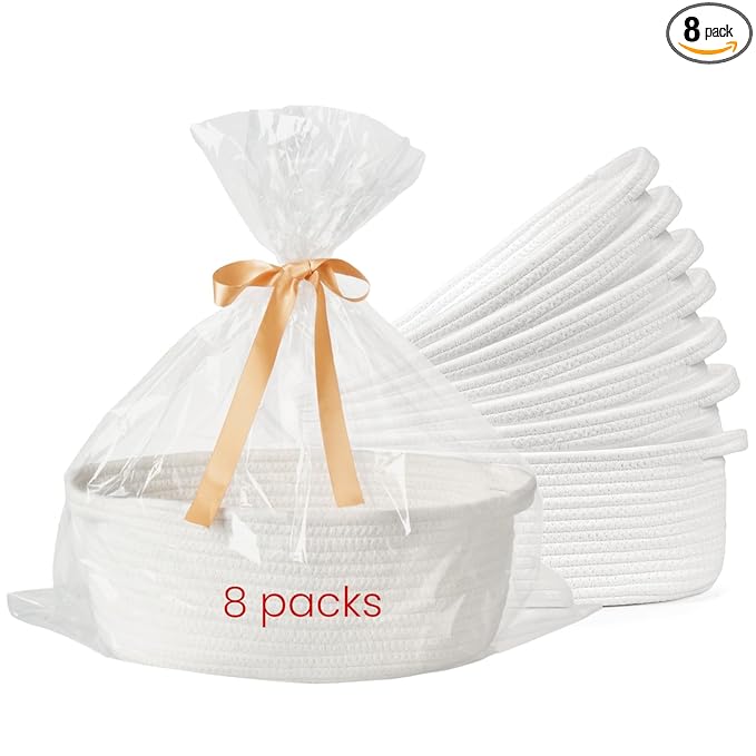 Small Woven Gift Basket Empty with Bag & Ribbon - Gifts for Mom, Baby Shower, Birthdays & Raffle - Cotton Rope Storage Basket for Dog Toys or Shelf - 12"x8"x5", Easter White, 8 Packs