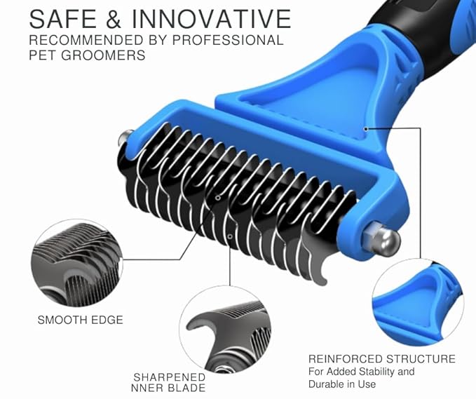 3-in 1 Dog & Cat Grooming Supplies- Self-cleaning Slicker Brush, Deshedding Rake Comb, And Finger Toothbrush For Dogs & Cats | Perfect For Pet Grooming Kit, Dematting And Dental Tool (blue)