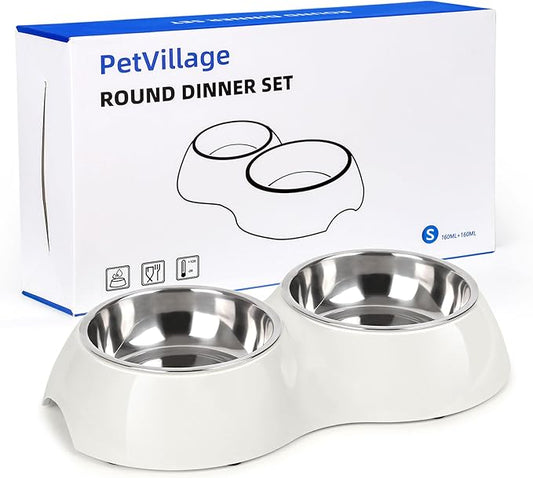 Petvillage Stainless Steel Dog Bowls Set – Dual Non-Slip Pet Dishes with 2 Small (4oz*2) Bowls & Durable Resin Stand,Food & Water Feeder for Kittens– White