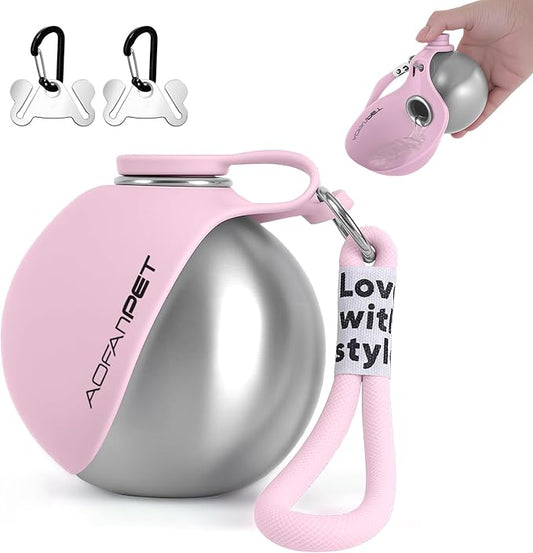 Portable Dog Water Bottle 10oz Stainless Steel Travel Dog Water Dispenser with Bowl No-Spill Puppy Water Bottle for Walking Hiking Small Dog Water Bottle, Includes Waste Bag Holder
