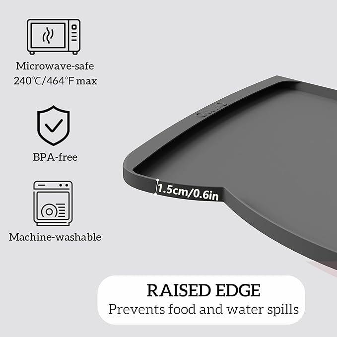 OHMO Dog Food Mat(Dark Grey, 24 * 15'') w/Residue Collection Pocket Silicone Pet Feeding Mat for Floor High Edges Anti Spills Waterproof Cat Water Bowl Tray, Easy Clean Placemat