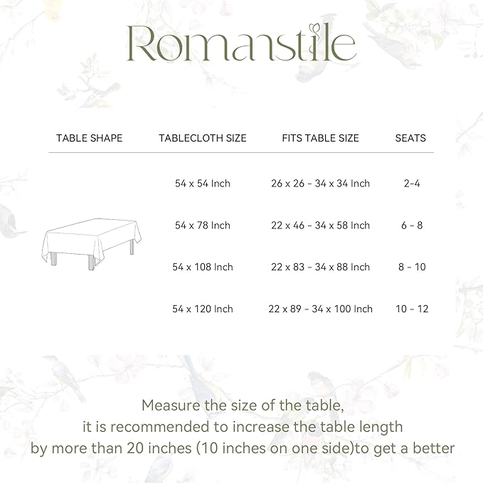 Romanstile Spring Rectangle Vinyl Tablecloth, 100% Waterproof Oil-Proof Plastic Table Cloth, Heavy Duty Vinyl Table Cover for Dining, Camping, Picnic, Outdoor - 54 x 120 Inch, Bird