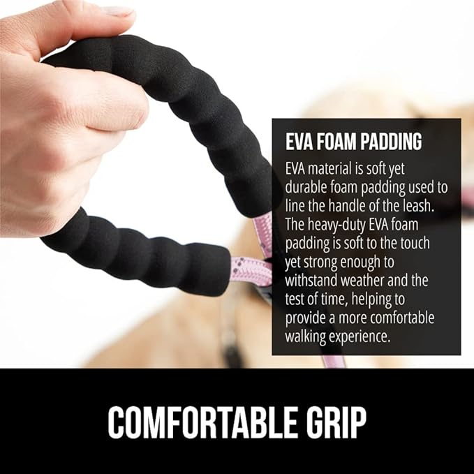 GORILLA GRIP Dog Leash, Heavy Duty Reflective Rope Leashes for Large, Medium, Small Breed Dogs, Puppy Training Essential for Walks, Hikes, Soft Handle, Rotating Metal Clip, Waste Bag Dispenser, Pink