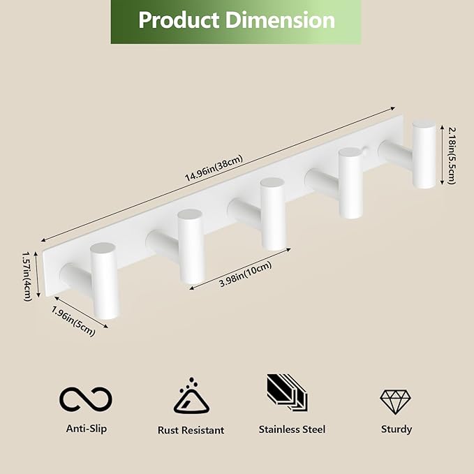 VINHOLD Wall Mounted Coat Rack-5 Hooks, Heavy Duty Stainless Steel Wall Hooks for Towel Coat Bag, Hat Rack Coat Hanger Coat Hooks Towel Racks for Bathroom Entryway Kitchen Hotel Office (White, 1 Pack)