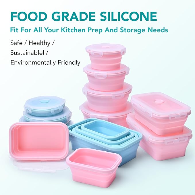 Collapsible Food Storage Containers Set, 4 Pack Round Silicone Collapsible Bowls with Lids, Silicone Lunch Container, Foldable Food Bowl for Kitchen & Camping Containers 4 Sizes