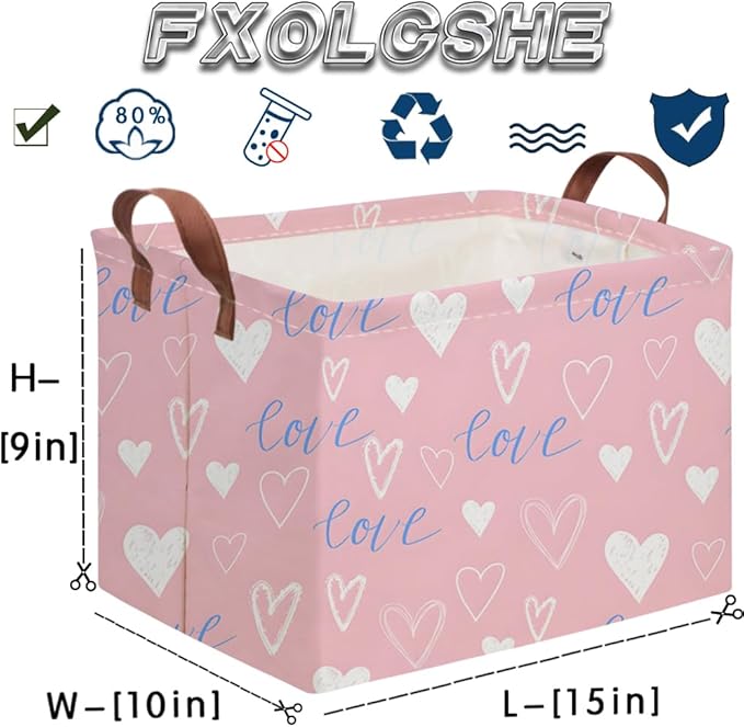 FXOCSHE Rectangular Pink Valentine's Day Gift Basket,nursery basket,Pink girls gift baskets,kids toy storage Bin, Love Heart Room Decor for Home,Shelf Baskets(Blue pink heart)