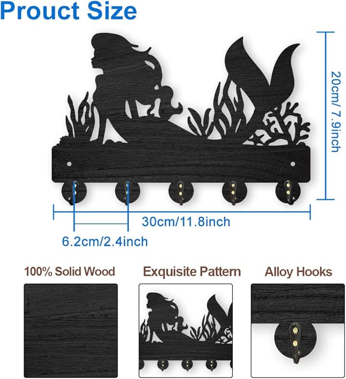 MAYJOYDIY Mermaid Coral Coat Rack Wall Mounted Wood Summer Sea Ocean Creatures Key Rack Holder for Wall 11.8×7.9inch Key Hanger Wall Art Decor 5 Alloy Hooks for Gift Entryway Hallway Kitchen Room