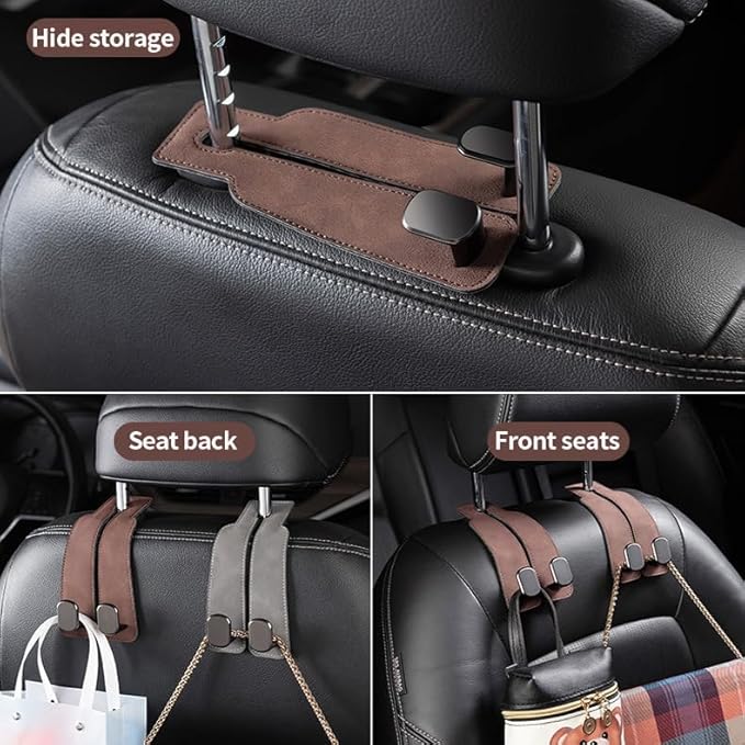 2 Pack Car Seat Back Storage Hook, Headrest Hooks for Car with Metal Hooks, Premium Suede Leather Car Headrest Hooks Universal Car Seat Hooks for Purses, Bags & Groceries(Brown)