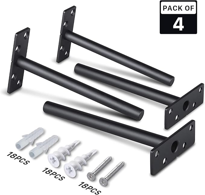 Hidden Floating Shelf Brackets Hardware- 6 Inch Heavy Duty Invisible Support for Shelves Eco Rustproof Black Finish Solid Stainless Steel with Screws and Plugs for Drywall Brickwall(4Pack)