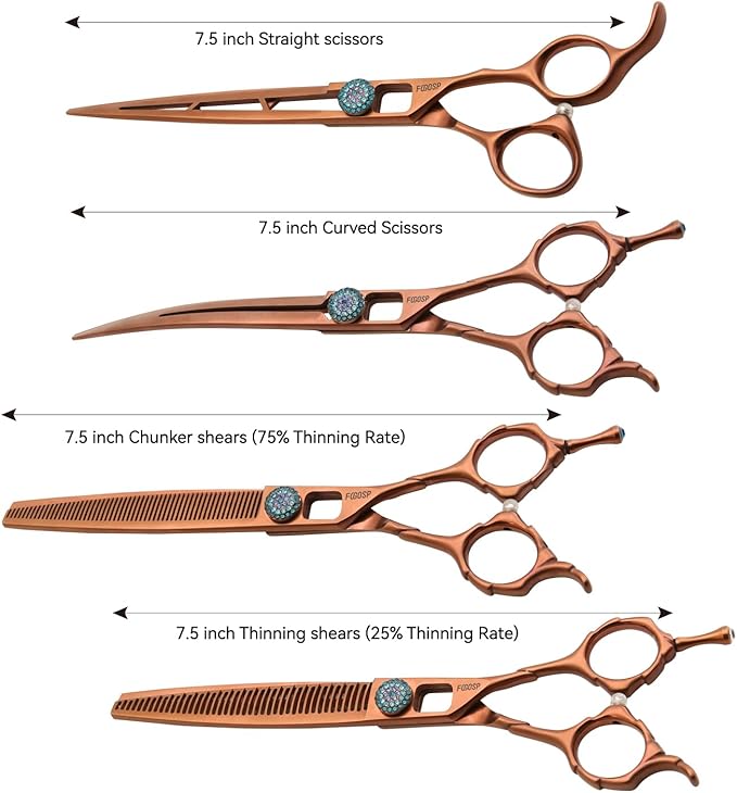 7.5'' Dog Grooming Scissors Set 4PCS Curved Thinning Straight Chunkers Shears Kit with Hollow Out Design Ergonomic Offset Handle High Cobalt Alloy Steel Sharp and Durable(7.5, Chocolate Kit)