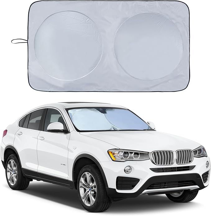 IC ICLOVER Car Windshield Sun Shade, 210T Polyester Foldable Front Window Sun Visor Protector, Blocks UV Rays and Heat Sun Protection Shield, Keep Your Vehicle Cool, Fits Sedans, Mid-Size SUV (Medium)