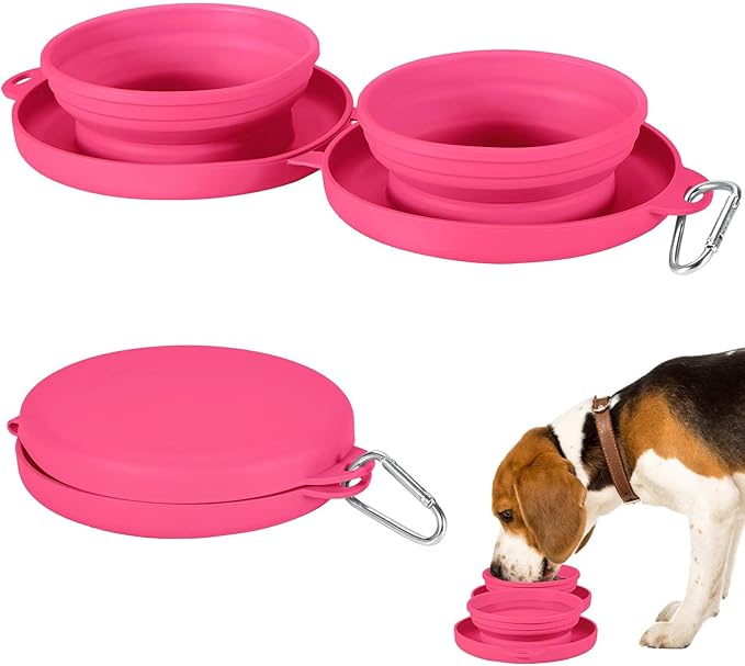 PNEUICALLY Collapsible Dog Water Bowl 2 in 1 Foldable Pet Food and Water Bowl Portable Cats Dishes with Carabiner Clip for Traveling Hiking Camping Walking (Pink)
