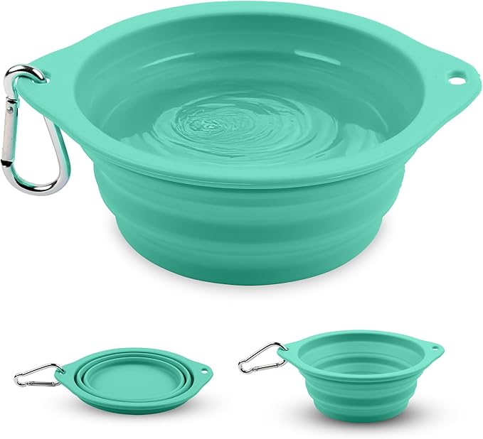 Collapsible Dog Bowl - 800ml/27 oz Portable Silicone Travel Water Bowl for Dogs with Carabiner | Foldable, Dishwasher Safe | Hiking, Camping Dog Essentials & Outdoor Pet Feeding - Green