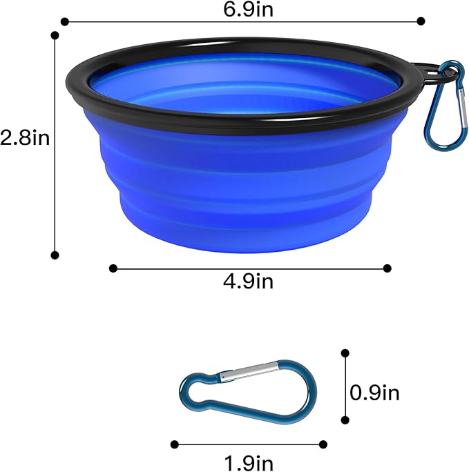 2-Pack Collapsible Dog Bowls, Portable Travel Pet Bowl with Carabiner – Foldable Silicone Feeding Dish for Dogs and Cats On-The-Go (Black + Blue)