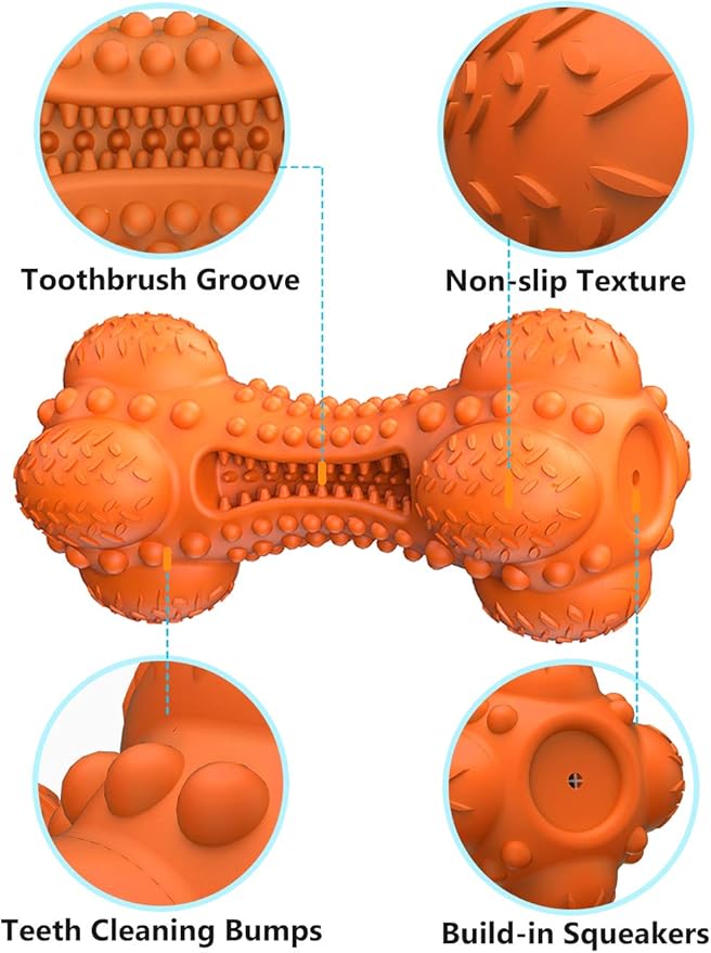 SCHITEC Squeaky Dog Chew Toy, Tough Durable Natural Rubber Bone with Toothbrush, Indestructible for Aggressive Chewers Large Medium Breed Teeth Cleaning