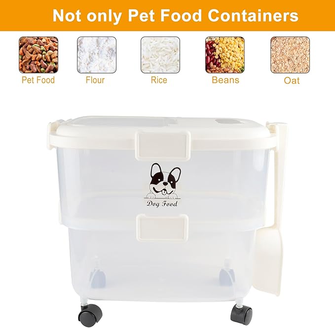Rolling Dog Food Storage Container 20lb,Airtight Pet Food Container,Plastic Dog Food Bin with Pet Food Scoop,Dry Dog Cat Food Storage,Height Adjustable