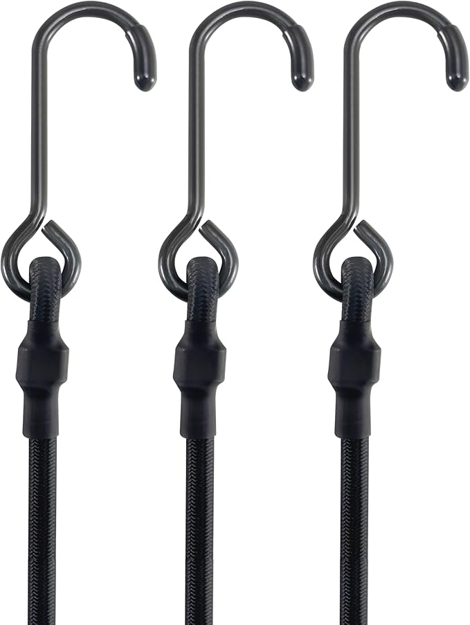180 Lbs Real Heavy Duty Bungee Cords with Rust Resistant Steel Hooks, 36 Inch Black Bungee Straps with 1.9x Stretch & UV Protection, Perfect for Camping, Tarps, Tent, Bike, Luggage (3 Pcs)