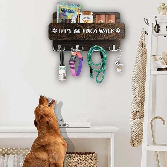 Wood Dog Leash Holder for Wall, Key Hangers with 4 Double Key Hooks, Dog Leash Hanger Wall Mounted for Entryway, Farmhouse Treats,30cm, Brown